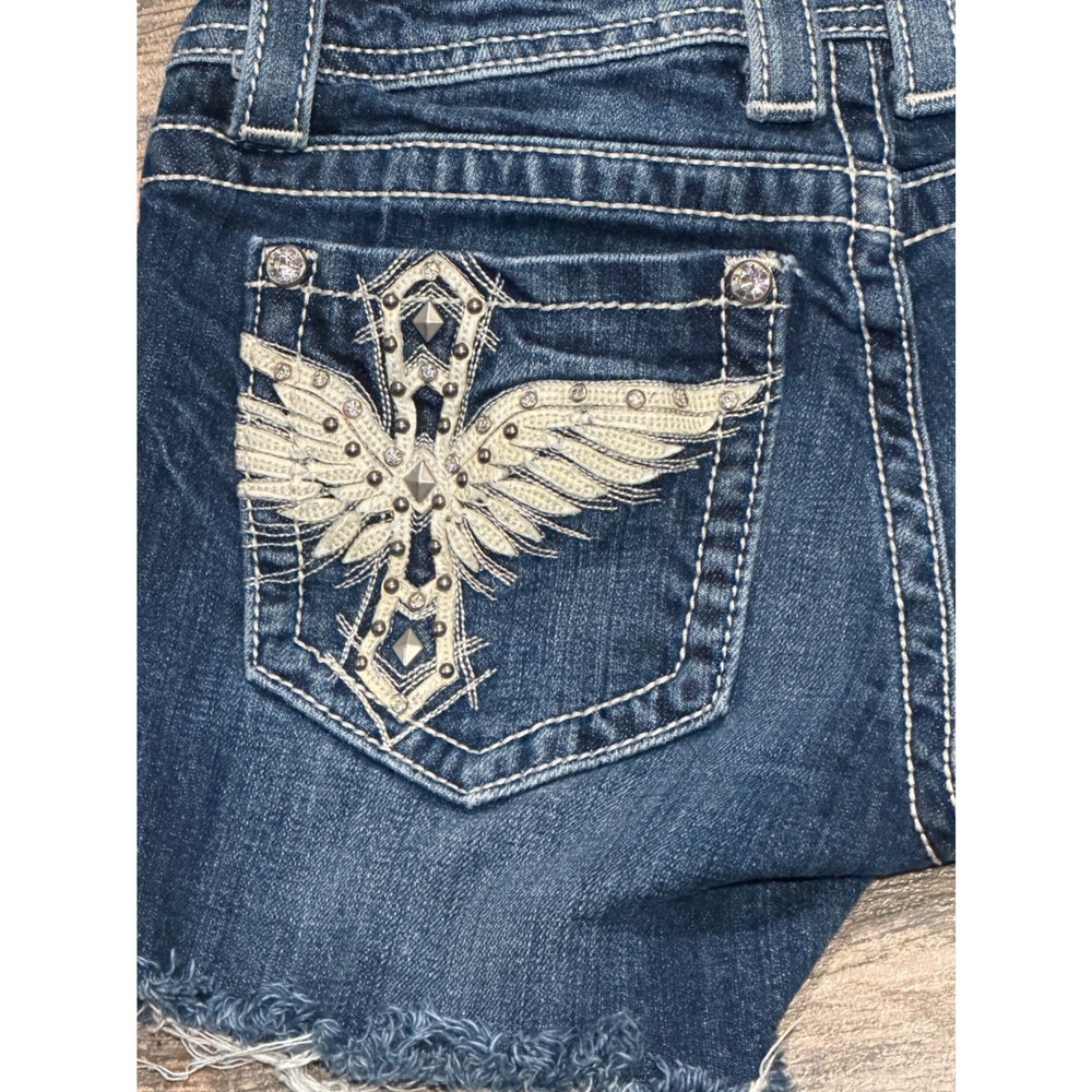 Miss Me Angel Wings Cross Bling Distressed Denim Low Rise Y2K Bermuda Shorts 25 - Picture 9 of 11